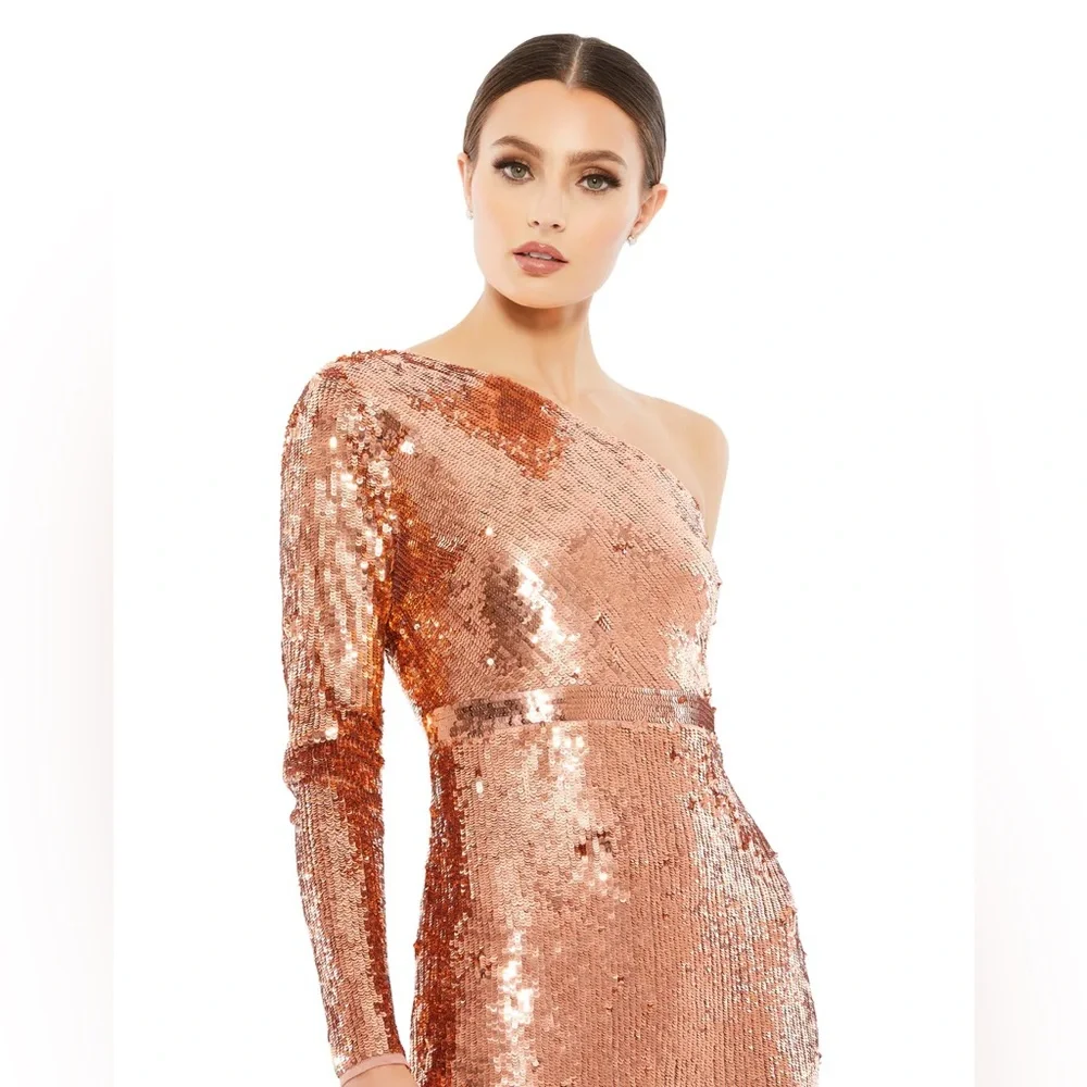 Mac‎ Duggal Sequined One Sleeve Column Gown- Copper